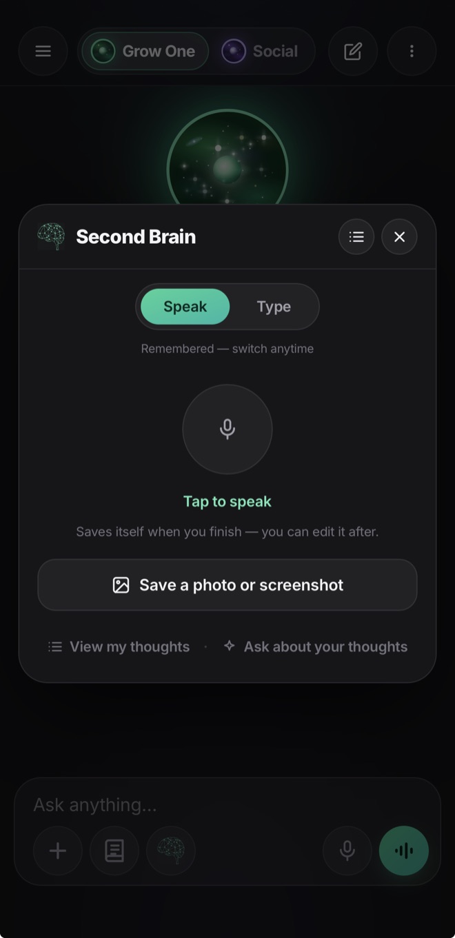 The Second Brain sheet: Speak or Type, tap to speak, from a photo or screenshot, view or ask about your thoughts